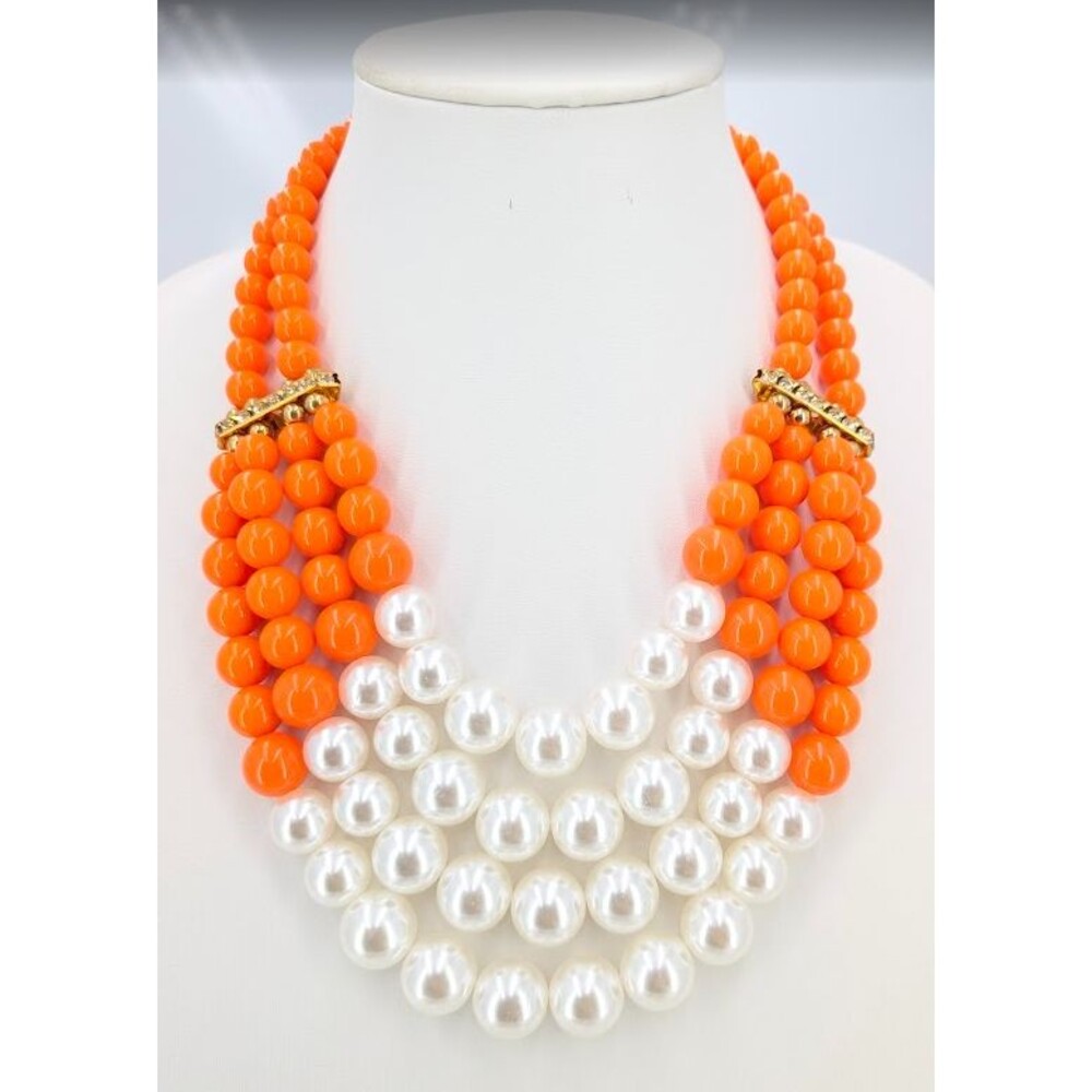 Statement Bib Necklace Orange Cream Acrylic Beads Rhinestone Gold Tone 21 Inch